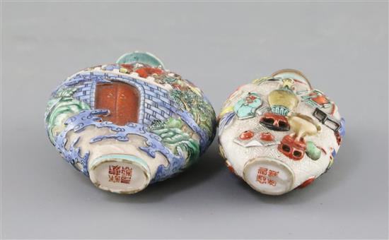 Two Chinese enamelled and moulded porcelain snuff bottles, Jiaqing porcelain four character marks and of the period (1796-1820) H. 7.3